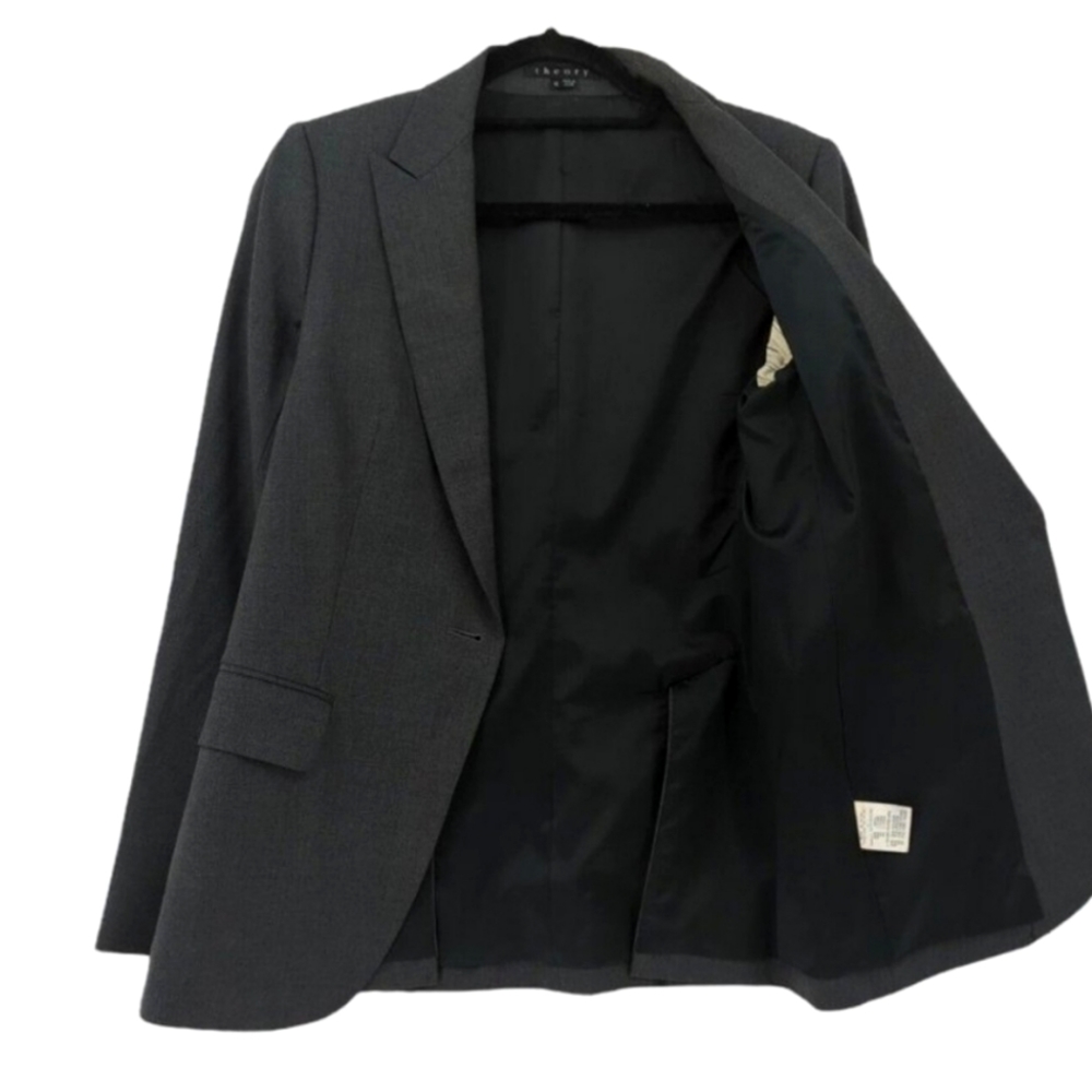 Theory Women's Abel Tailor Blazer Jacket Charcoal Grey Single Breasted Wool